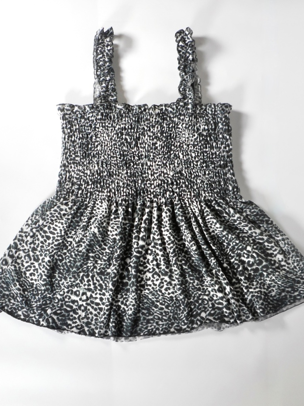 Black White Leopard Print Sz S XS Smocked Stretch Tank Top Peplum Ruffle Strap